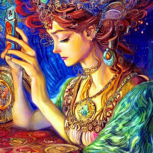 Prompt: a goddess checking her phone by senior concept artist josephine wall, high resolution trending on art station