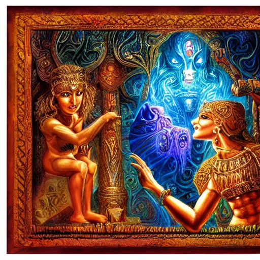 Image similar to disasterpiece mesmerizing sanctum of the most disturbing and beautiful truth, relief of Akkadian origin, in the style of Jeff Easley, Josephine Wall, Ken Kelly, – W 1024