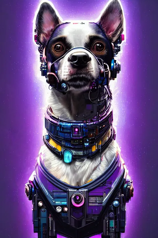 Image similar to a beautiful portrait of a cute cyberpunk dog by sandra chevrier and, greg rutkowski and wlop, purple blue color scheme, high key lighting, volumetric light, digital art, highly detailed, fine detail, intricate, ornate, complex, octane render, unreal engine, photorealistic