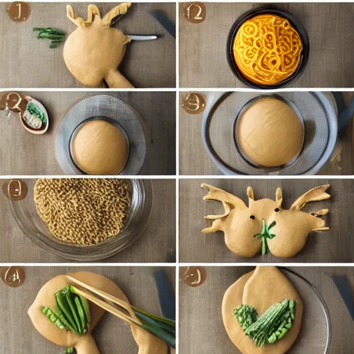 Image similar to making of an edible giraffe from noodles and rice in 4 steps, from the beautiful'how to make food art step by step collection ', dslr