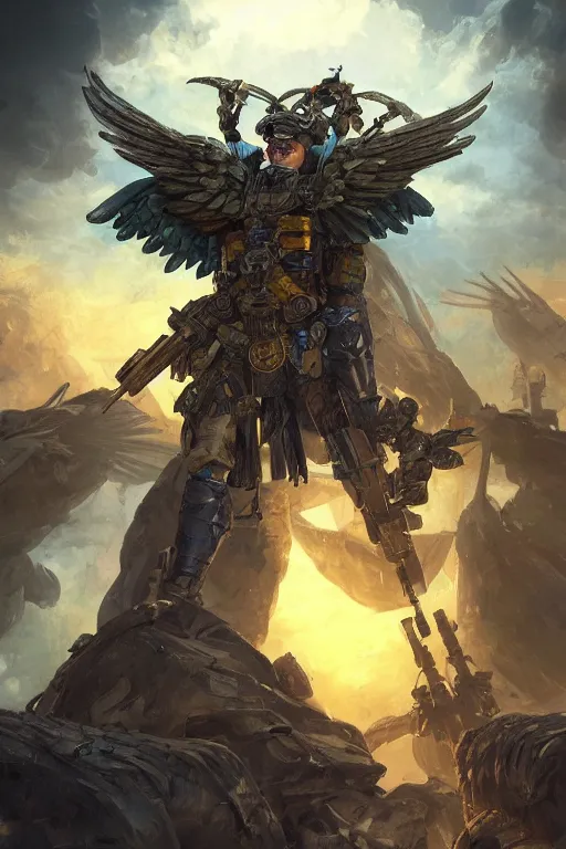 Image similar to A military super soldier with wings with a blue and yellow flag behind him is standing on a pile of skulls in triumph, concept art, сinematic lighting, insanely detailed, smooth, sharp focus, Artstation, 8k, unreal engine, hyper realistic, steampunk style, bright background, moonlight, volumetric lighting, wallpaper, digital illustration by Ruan Jia and Mandy Jurgens and Artgerm and Wayne Barlowe and Greg Rutkowski and Zdislav Beksinski