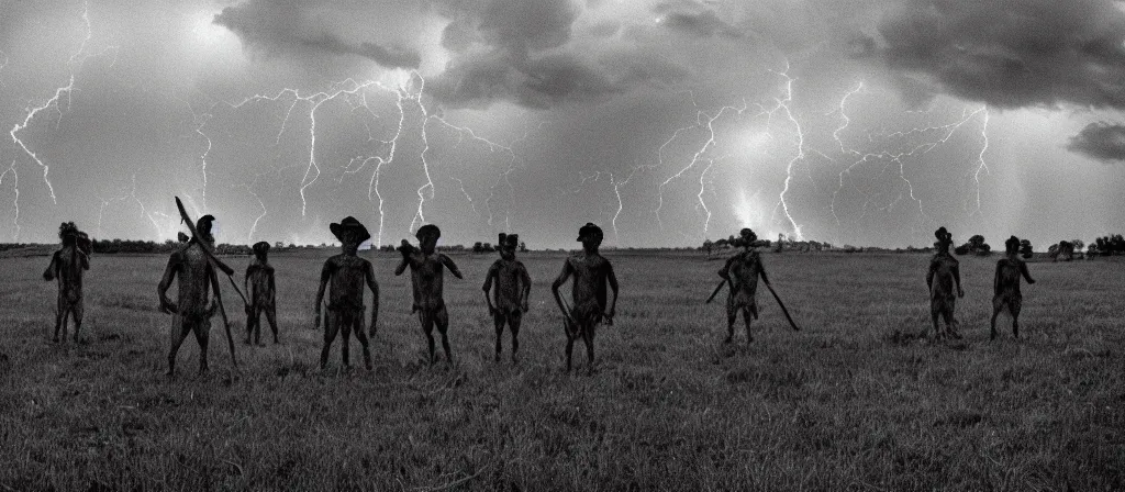 Prompt: 1 3 mm film photograph of a group of clowns in a field holding machetes, liminal, dark, thunderstorm lightning, dark, flash on, blurry, grainy, unsettling