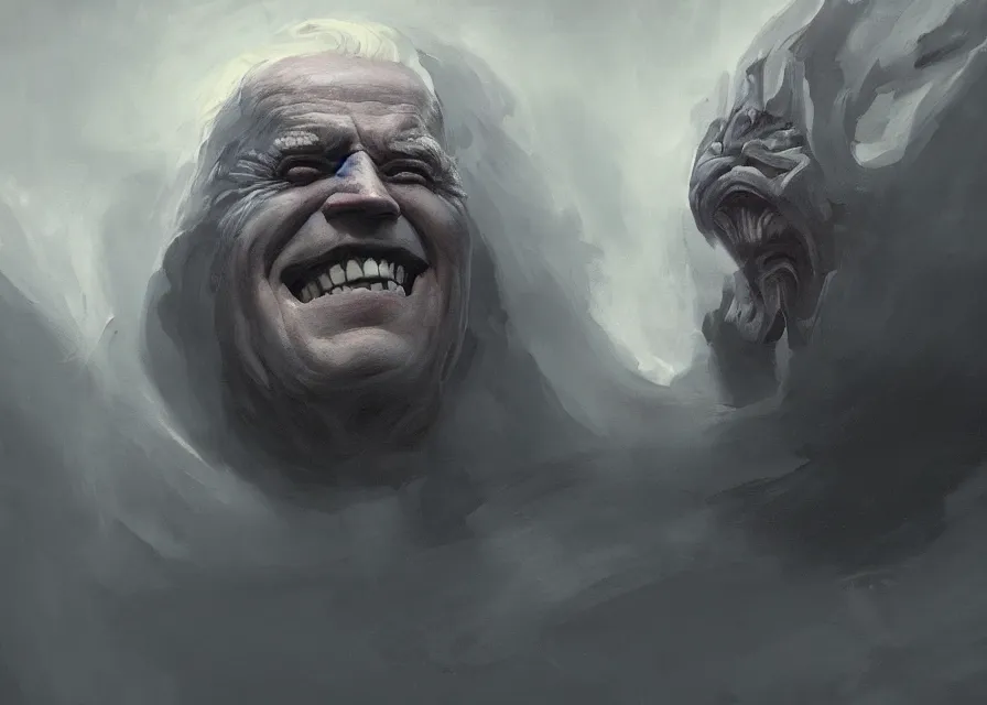 Image similar to abstract painting of giant Joe Biden smiling evil emperor of the world emerging in dark clouds, Sidious, noxious, cosmic horror, evil, dangerous, trending on ArtStation, masterpiece, by Greg Rutkowski, by Ross Tran, by Fenghua Zhong, octane, lightbeam eyes, soft render, clear facial features, oil on canvas, moody lighting, cinematic, professional environment concept art