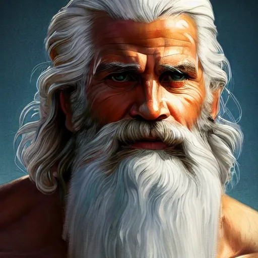 Image similar to painted portrait of rugged zeus, greek god, 4 0 years old, handsome, white hair, soft hair, upper body, muscular, hairy torso, fantasy, intricate, elegant, highly detailed, digital painting, artstation, concept art, smooth, sharp focus, illustration, art by norman rockwell