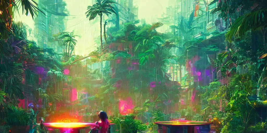 Prompt: Multiversal Portal in the center of a lush neon vibrant retro jungle environment, illustrated by Greg Rutkowski, trending on artstation, artstationHQ, artstationHD, artstation digital artwork, large brush strokes, 4k, 8k