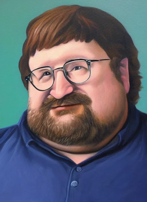 Prompt: tasteful oil painting portrait of gabe newell, valve, steam, gaben