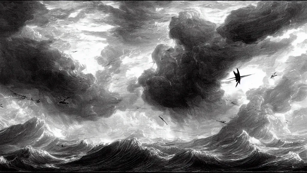 Prompt: drawing of an ornithopter flying above a stormy ocean, by gustave dore, nineteenth century, black and white, vintage, science fiction, epic composition, dramatic lighting, highly detailed, cinematic