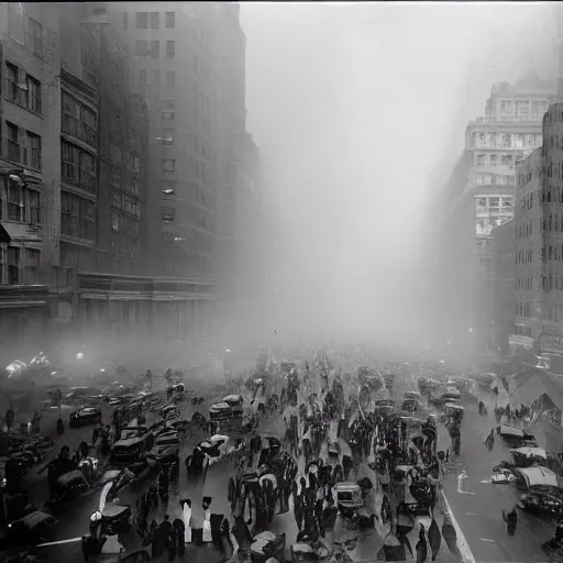 Image similar to old black and white photo, 1 9 1 3, depicting a giant alien kaiju monster rampaging through the bustling streets of new york city, historical record, volumetric fog