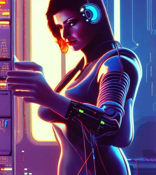 Image similar to cable inserted into head, jacked into cyberdeck wrist terminal, very very beautiful cyberpunk woman, computer, 1 9 7 9 omni magazine cover, style by vincent di fate, cyberpunk 2 0 7 7, very coherent, detailed, 4 k resolution, unreal engine, daz