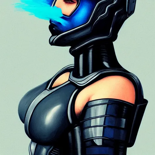 Image similar to a stunning upper body portrait of a beautiful young woman wearing futuristic deep black battle bodyarmor with ombre navy blue teal hairstyle blowing in the wind by marvel comics, digital art, trending on artstation