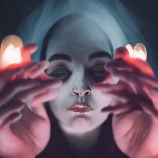 Prompt: a witch emanating magic from her palms, illuminating the area, closeup, macro!!, soft blur!!, focal point, trending on unsplash, [ 4 k photorealism ]!!, eerie, grim and gloomy lighting, macabre atmosphere