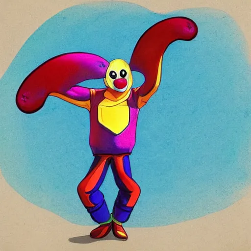 Image similar to design for a clown themed bipedal manta ray character who enjoys lofi beats, art by tim shafer from his work on psychonauts by double fine, believable color pencil sketches, professional art