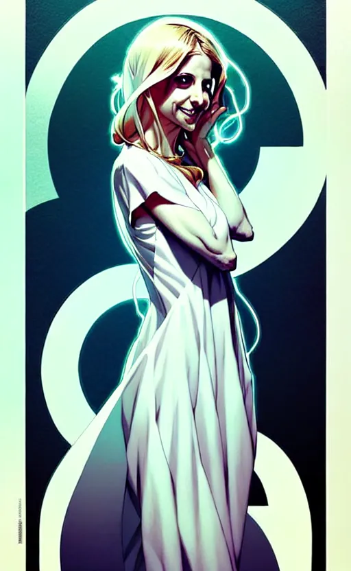 Image similar to artgerm, joshua middleton comic cover art, pretty ghost sarah michelle gellar entire full body, floating, creepy smile, white dress, friendly, symmetrical eyes, symmetrical face, long white hair, inside haunted house