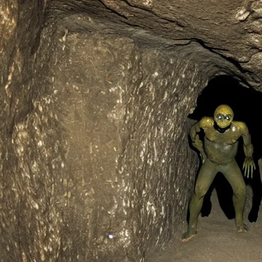 Image similar to photo inside a cavern of a humanoid with lizard skin and a mouth with sharp tooth and black eyes, partially hidden in the shadows