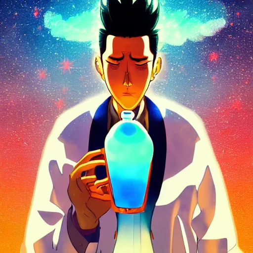 Image similar to A man drinking a cup of cosmic energy bright light by Masafumi Harada, 4k, digital art, surreal, anime style, space dandy style, highly detailed, godsend, artstation, space