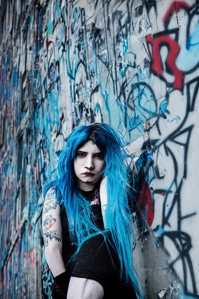 Image similar to a portrait of a grunge emo girl who has blue hair, a nose ring, black nails, fish net leggings, and is outside of a abandoned building with graffiti on it. Shallow depth of field. 4k hyperdetailed. Rendered with octane.