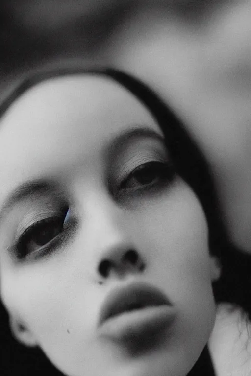 Image similar to extreme close-up black and white portrait, fashion model face, Peter Lindbergh, 35mm, film photo, small aperture
