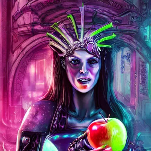 Prompt: goddess of chaos Eris in cyberpunk world holding the apple of discord with vicious smile, body full of details, hyper realistic, ultra detailed, neon flavour with dark wet, artistic photography, light reflections