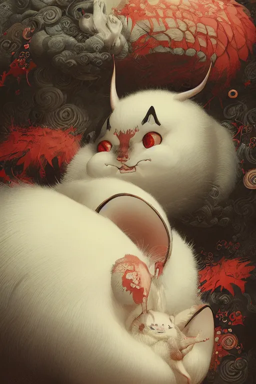 Prompt: a portrait of a fatty cute japanese devil animal illustrated by miyazaki by karol bak, james jean, tom bagshaw, rococo, sharp focus, trending on artstation, cinematic lighting, hyper realism, octane render, 8 k, hyper detailed, vivid, ultra detailed, highly detailed