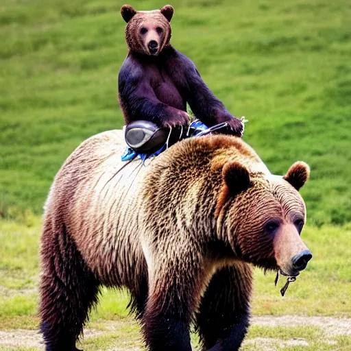 Image similar to Grizzly bear riding a horse.