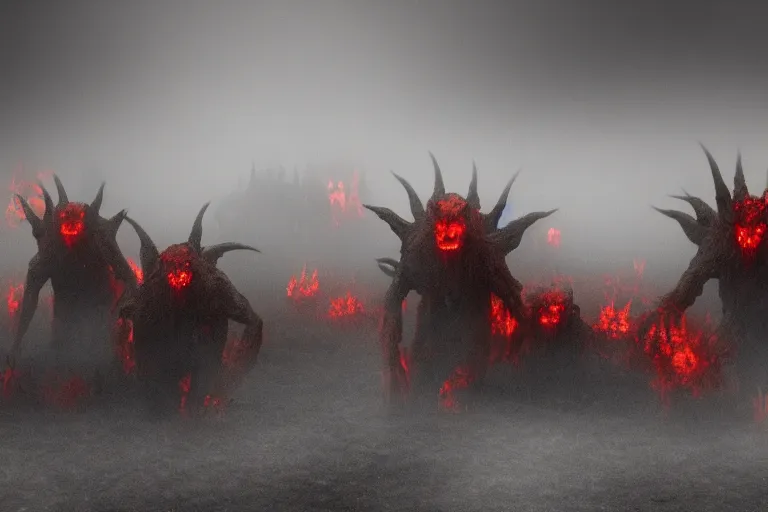 Image similar to photo of hellish creatures emerging from a thick mist, horror atmosphere, fear, mystery, dramatic, 8 k uhd