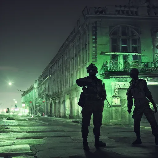 Prompt: soldier and angle met at night time, filmic, dramatic, night vision, wide angle, vignette, only green color, 4 k, 8 k, sad, devil, cinematic lighting, insanely detailed and intricate, hypermaximalist, elegant, ornate, hyper realistic, super detailed