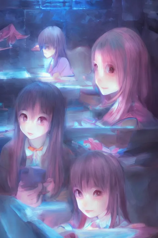 Prompt: 3d infrared octane render concept art by Mo Xiang Tong Xiu, by Igarashi Daisuke, by makoto shinkai, cute beauty cozy portrait anime schoolgirls under dark pink and blue tones, mirror room. light rays. water bellow. smooth cute face. small eyes. dramatic light, trending on artstation, oil painting brush