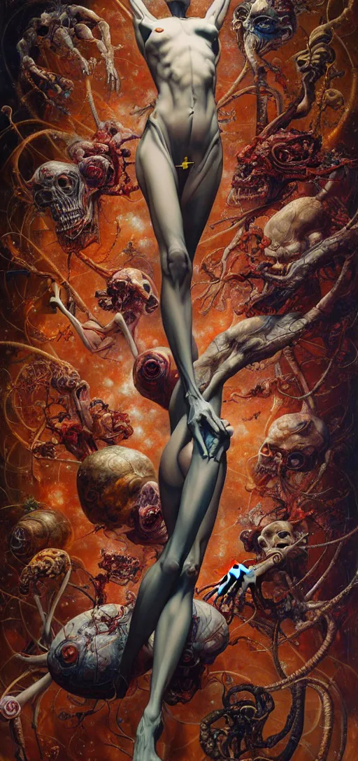 Image similar to a tall, fleshy anatomical figure with extra limbs, hovering in the air, zero gravity, neurons firing, rich colours, karol bak, mark brooks, hauntingly surreal, highly detailed painting by katsuhiro otomo, part by james jean, part by adrian ghenie, part by gerhard richter, soft light 4 k