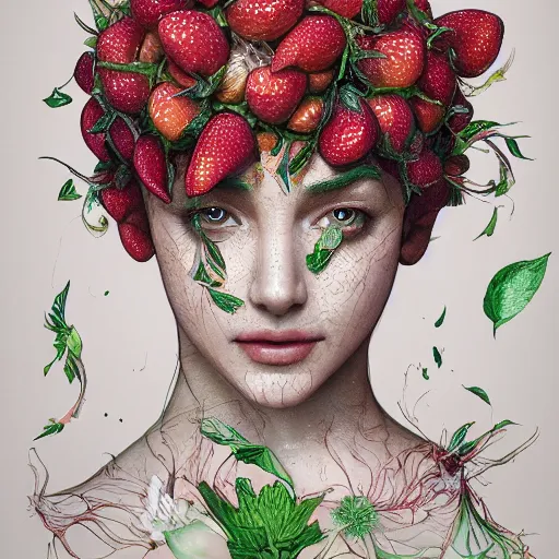 Image similar to the portrait of an absurdly beautiful, graceful, elegant, chaste, young woman made of strawberries and green petals looking up, an ultrafine detailed illustration by kim jung gi, irakli nadar, intricate linework, bright colors, octopath traveler, final fantasy, angular, unreal engine 5 highly rendered, global illumination, radiant light, detailed and intricate environment