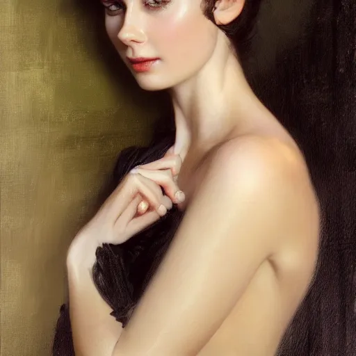 Prompt: detailed realistic cinematic wide shot of beautiful attractive lilly collins woman wearing black bath robe slim face symettrical face clean skin black eyes black robe smooth, sharp focus, ultra realistic, spring light, painting by gaston bussiere, craig mullins, j. c. leyendecker