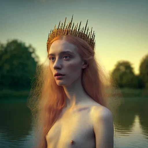 Prompt: photographic portrait of a stunningly beautiful english midsummer queen renaissance female in soft dreamy light at sunset, beside the river, soft focus, contemporary fashion shoot, in a denis villeneuve and tim burton movie, by edward robert hughes, annie leibovitz and steve mccurry, david lazar, jimmy nelsson, extremely detailed, breathtaking, hyperrealistic, perfect face, octane render