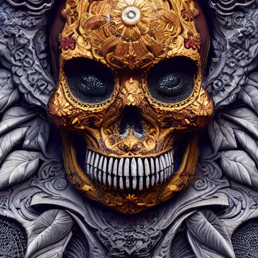 Prompt: a highly detailed photographic render of intricately carved sugar skull, intricate ornament, gilding, horror, dark fantasy, beautifully lit, ray traced, octane 3D render in the style of Gerald Brom and James Gurney