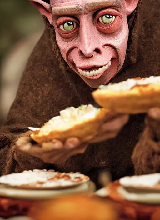 Image similar to closeup portrait of a medieval goblin eating cakes in the cloisters, depth of field, zeiss lens, detailed, symmetrical, centered, fashion photoshoot, by Annie Leibovitz and Steve McCurry, David Lazar, Jimmy Nelsson, Breathtaking, 8k resolution, extremely detailed, beautiful, establishing shot, artistic, hyperrealistic, beautiful face, octane render