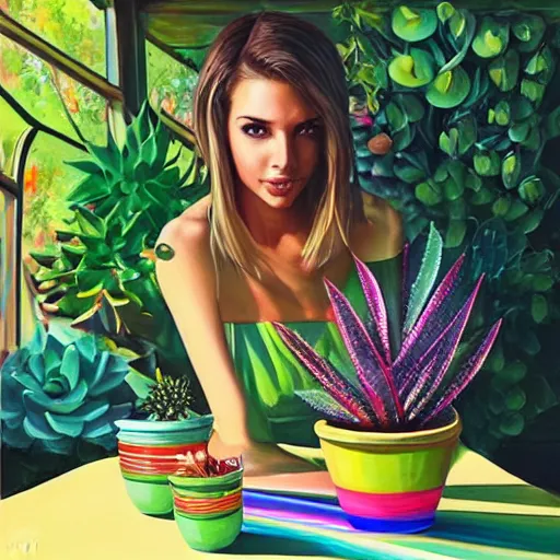 Image similar to painting by Artgerm of a beautiful blonde woman with shoulder length hair in a forest green dress putting colorful succulents into rainbow pots at a square table