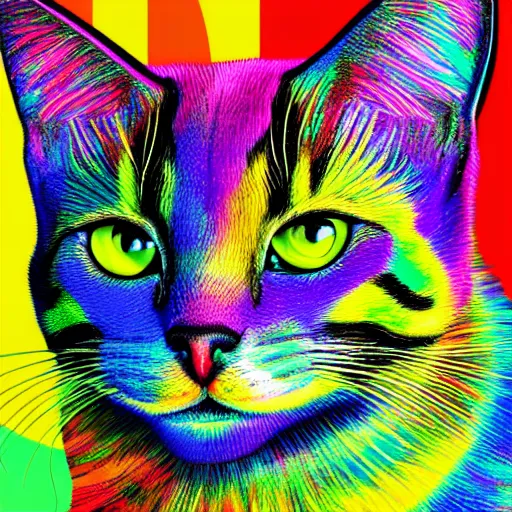 Image similar to photorealistic psychedelic cat smiling, very colorful in a maximalist style with a background that fades into black