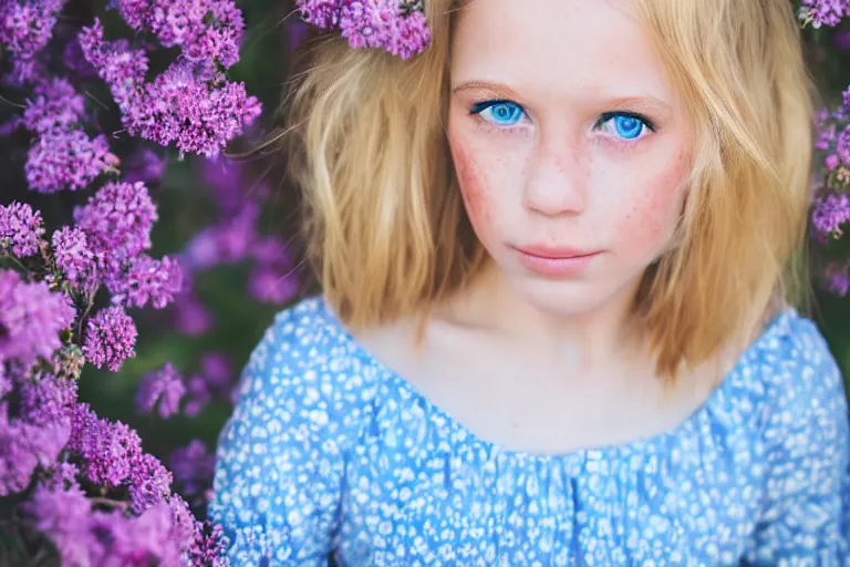 Prompt: an 8 5 mm portrait of a young girl with blonde hair and blue eyes and freckles wearing a blue flowery dress, ultra realistic