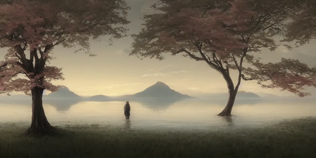 Image similar to vanishing point a single sakura tree upon a lake, viewed from afar, stephen bliss, unreal engine, illustration, fantasy art by greg rutkowski, loish, rhads, ferdinand knab, makoto shinkai and lois van baarle, ilya kuvshinov, rossdraws, tom bagshaw, global illumination, radiant light, minimalist, detailed and intricate environment