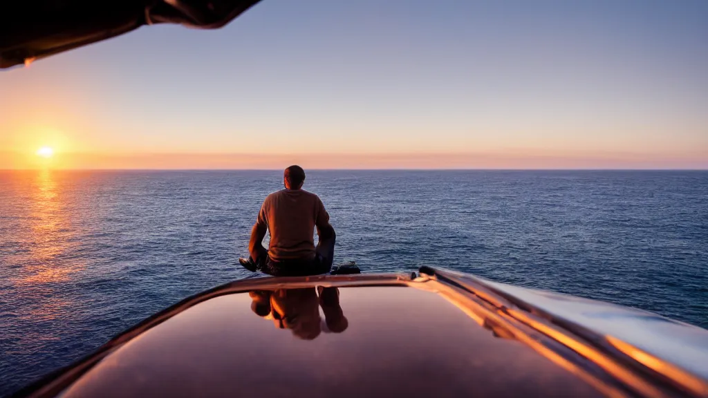 Image similar to a movie still of a man sitting on the roof of a car while driving through the ocean at sunset, golden hour