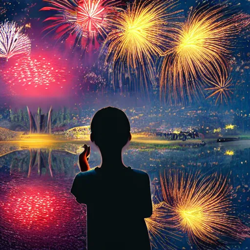 Image similar to girl watching watching fireworks on a hill, digital art, by richard estes, akiyuki shinbou, yoshitaka amano highly detailed, realistic, cinematic, bold colours, photorealism, 4 k, wide angle lens