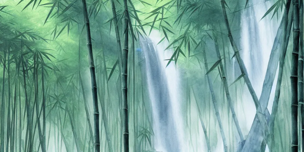 Prompt: misty japanese bamboo forest, watercolour, cell shaded, huge waterfall!!!!!, large rocky mountain, rule of thirds, sunny, cartoony, drawing, stylized anime, soft, by hayao miyazaki, ghibli studio, makoto shinkai, toei animation, studio trigger, trending on artstation, 4 k, hd