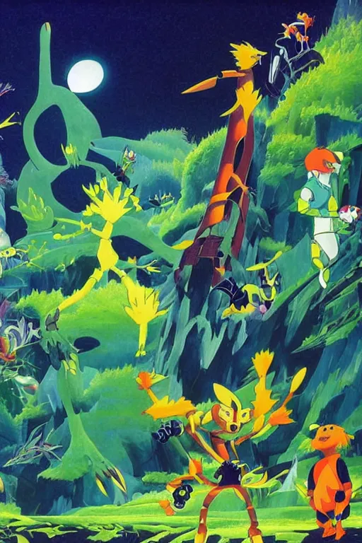 Prompt: an eyvind earle and theodor severin kittelsen collaborative painting of a scene from digimon world ( 1 9 9 9 ), vhs static