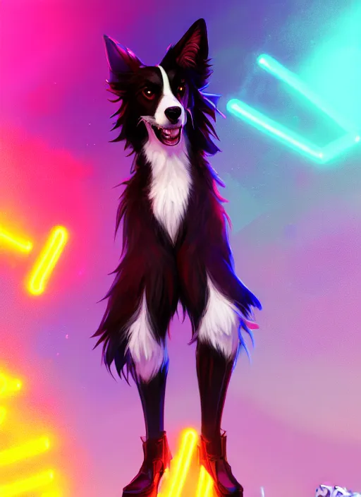 Image similar to wide angle beautiful full body portrait of a cute male anthropomorphic anthro border collie fursona wearing cowboy outfit in a neon metropolis, character design by charlie bowater, henry asencio, and ross tran, furry art, furaffinity, beautiful, glamor pose, detailed, aesthetic, trending on artstation