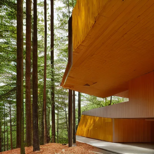 Image similar to architecture ad for a mid-century modern house in the middle of the wood designed by bjarke Ingels. grain, cinematic, colorized, yellow hue.