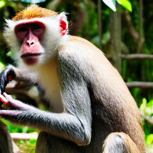 Image similar to of monkeys bribering zookeeper with bananas, zoom lens, candid camera, harsh light