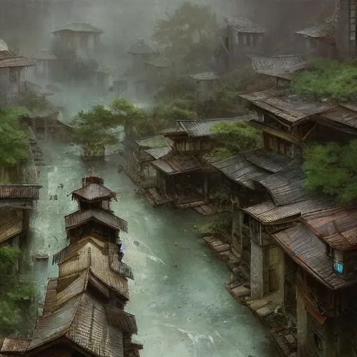 Image similar to the hidden rain village by renato muccillo, hubert robert, craig mullins, 8 k, hyper detailed.