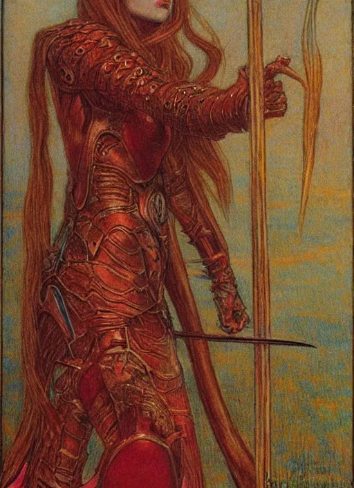 Image similar to malenia from elden ring drawn by jean delville, armor, red hair