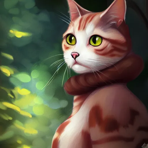 Prompt: a portrait of a cat in the forest, trending on artstation, trending on furaffinity, digital art, by kawacy, anime, furry art, warm light, backlighting, cartoon, concept art