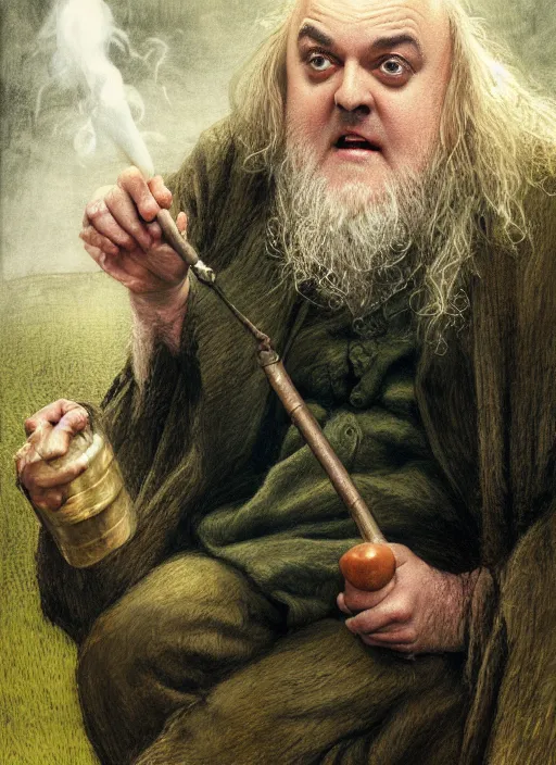 Prompt: dara o briain as peregrin pippin took, hobbit sitting with his large hairy feet up smoking a pipe, by alan lee, lord of the rings, smooth, oil painting, matte painting, concept art, trending on artstation, promotional artwork, film still, elegant, photorealistic facial features, intricate, detailed face, cinematic lighting