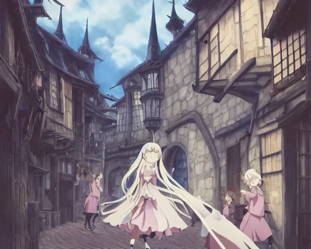 Image similar to ( ( majo no tabitabi ) ), key anime visual portrait of a young female witch walking through a busy medieval village, dynamic pose, dynamic perspective, cinematic, dramatic lighting, detailed silhouette, anime proportions, perfect anime, yoh yoshinari, ( murata range )