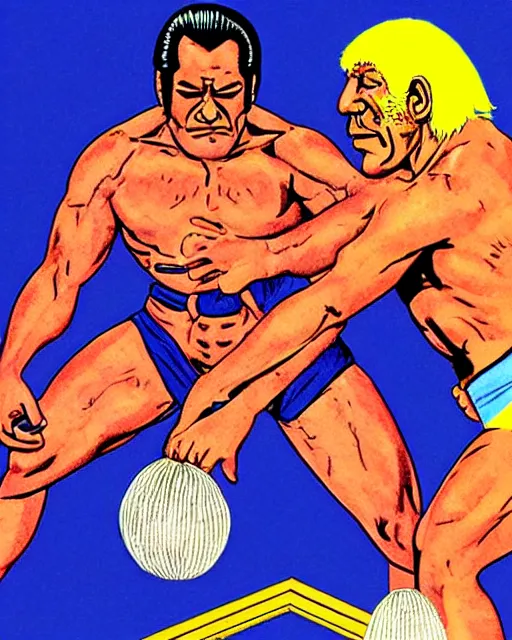 Image similar to incredible realistic antonio inoki vs ric flair, ( hyperreal detailed facial features and uv lighting, art by ed roth and basil wolverton )